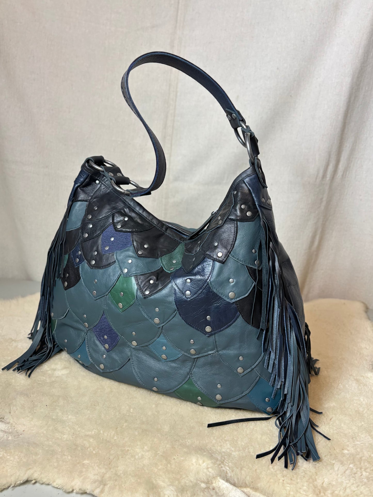 Steel Blue Reclaimed Leather Fish Scale Bag