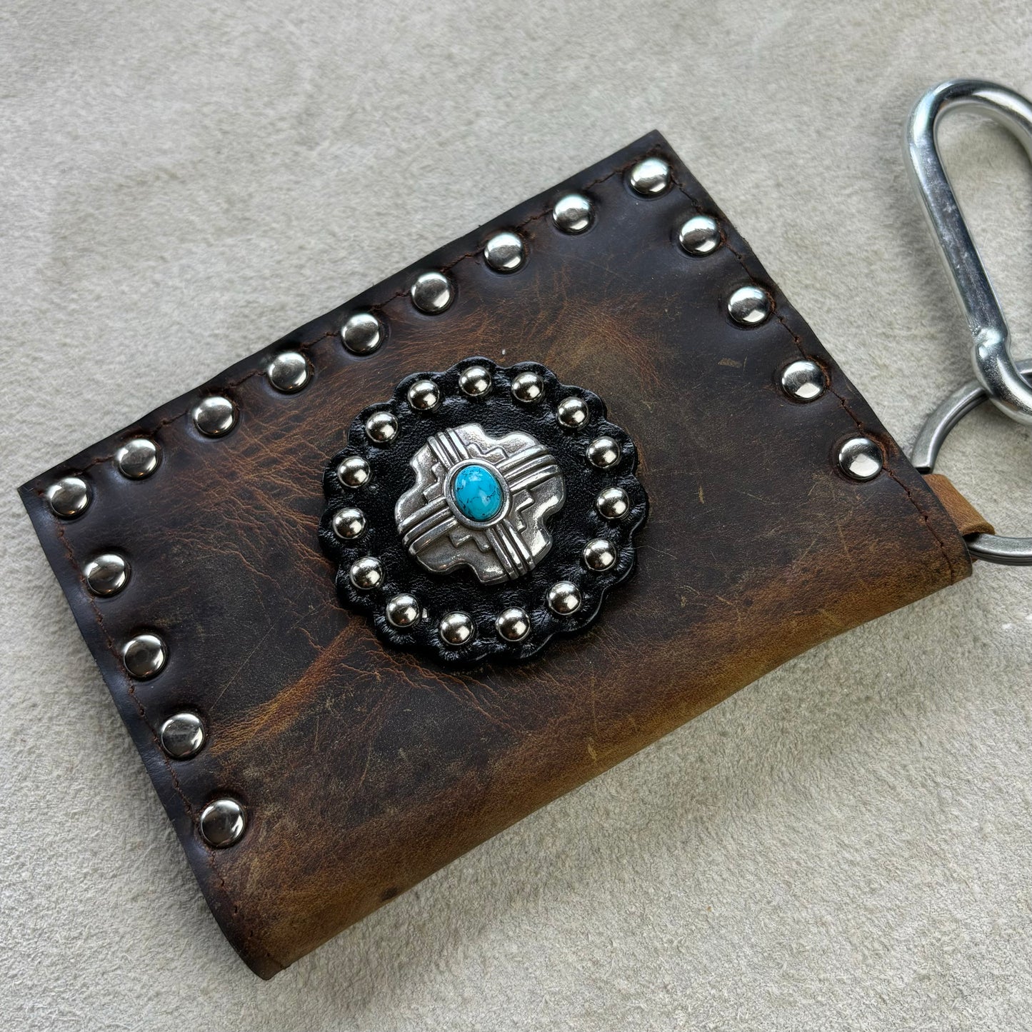 Distressed Brown Wallet with Turquoise Concho