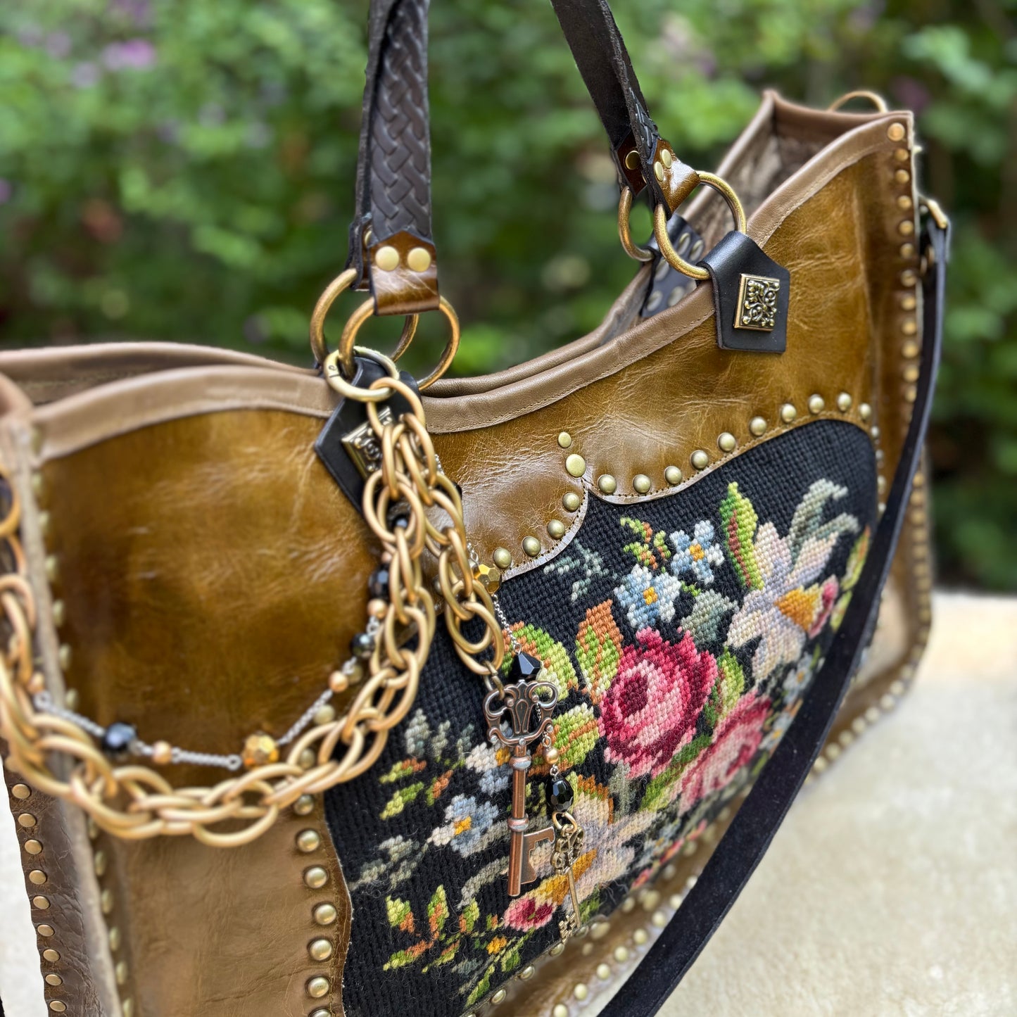 Olive Leather Bouquet Needlepoint Heirloom Bag