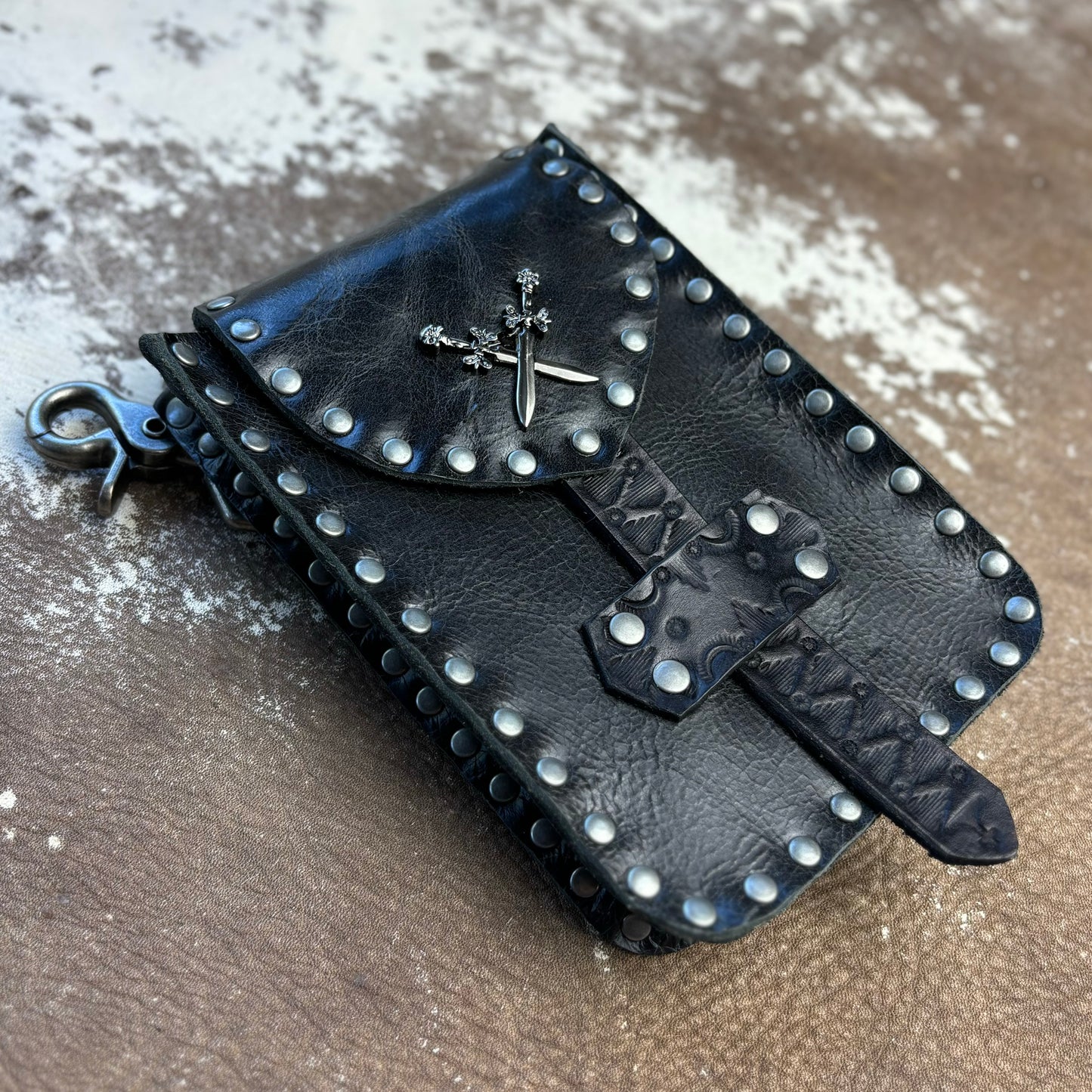 Black Leather Crossbody/Waist Bag with Crossed Swords