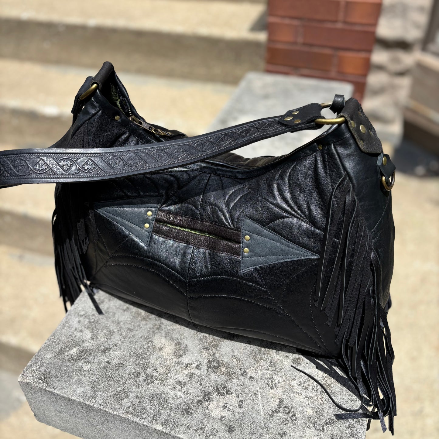 Reclaimed Leather Bat Ziptop Bag