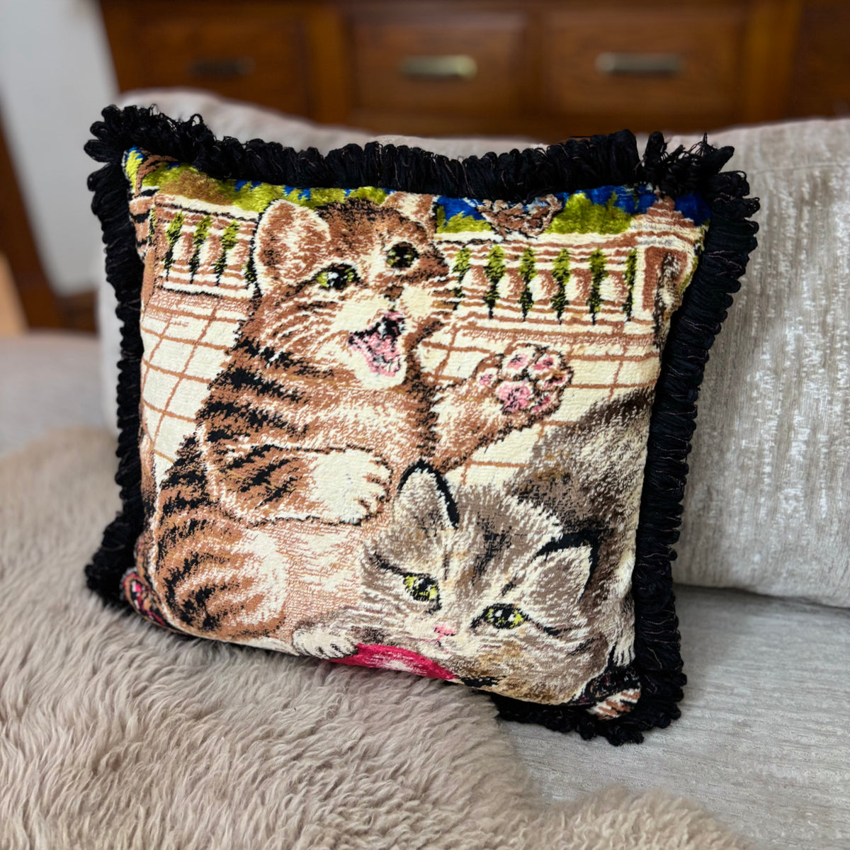 Playing Kittens Vintage Velvet Pillow