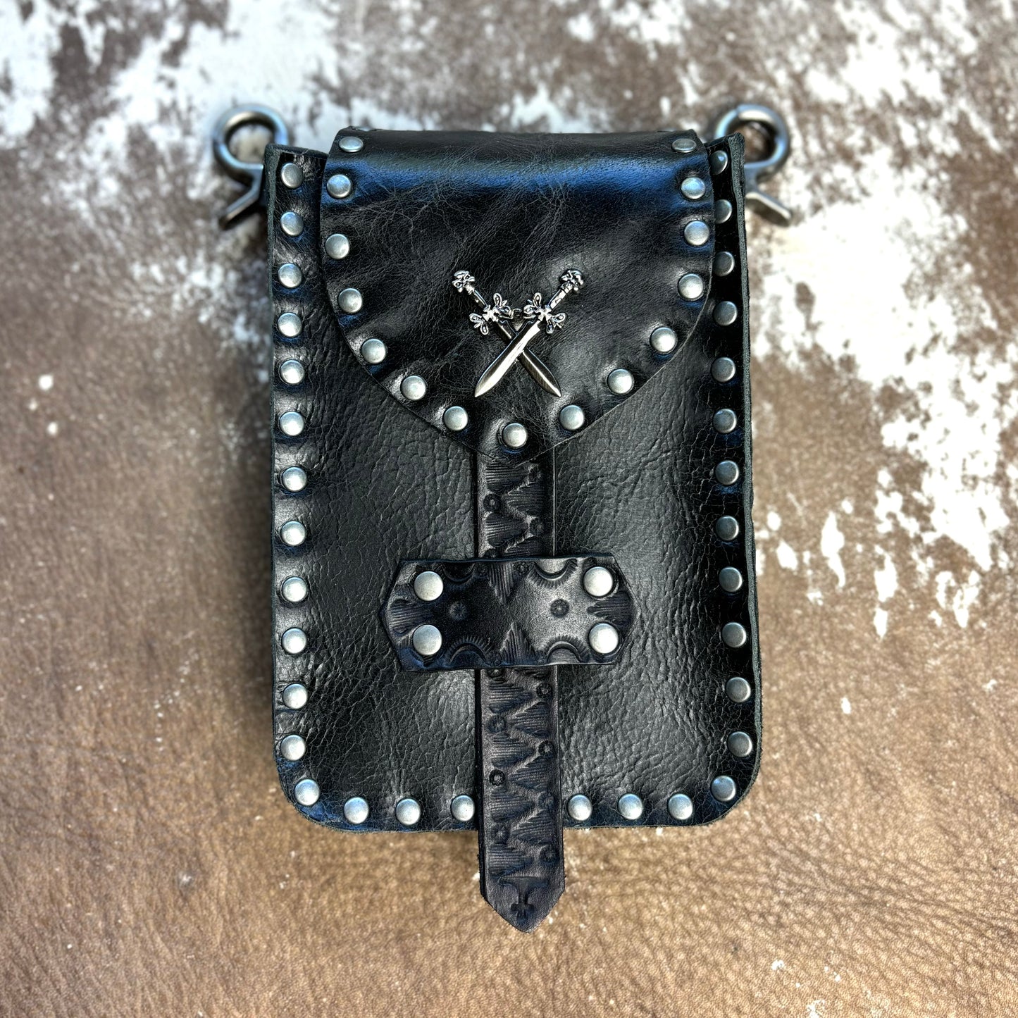 Black Leather Crossbody/Waist Bag with Crossed Swords