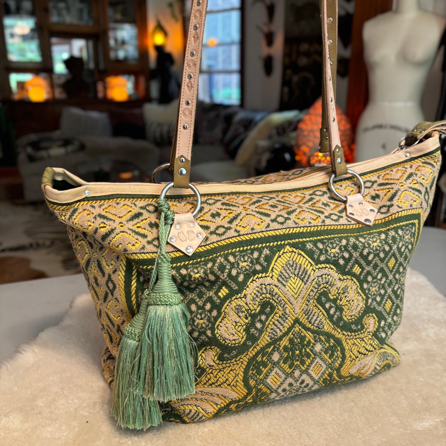 Green and Gold Vintage Prayer Rug Bag