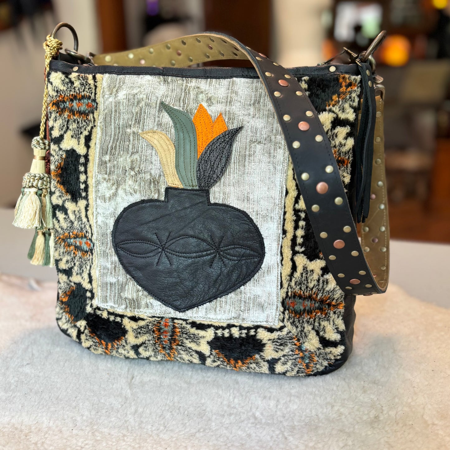 Vintage Velvet and Leather Bag with Sacred Heart