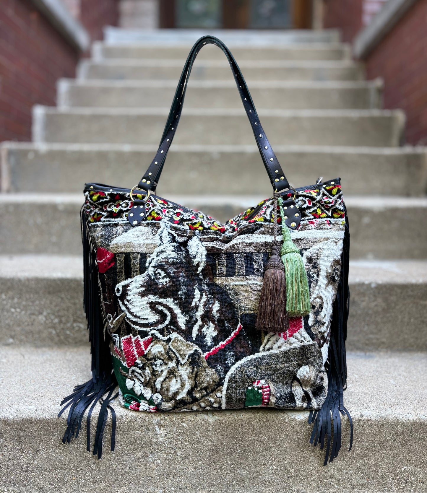 Gambling Dogs Velvet Ziptop Bag with Fringe