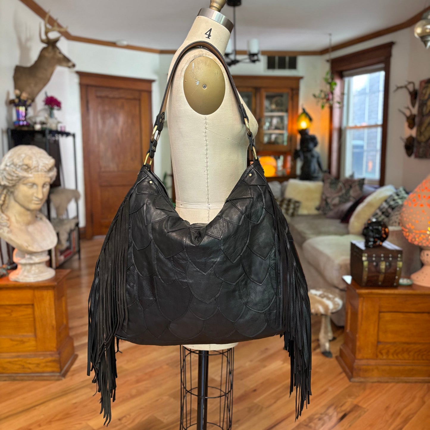 Fish Scale Reclaimed Leather Fringed Bag