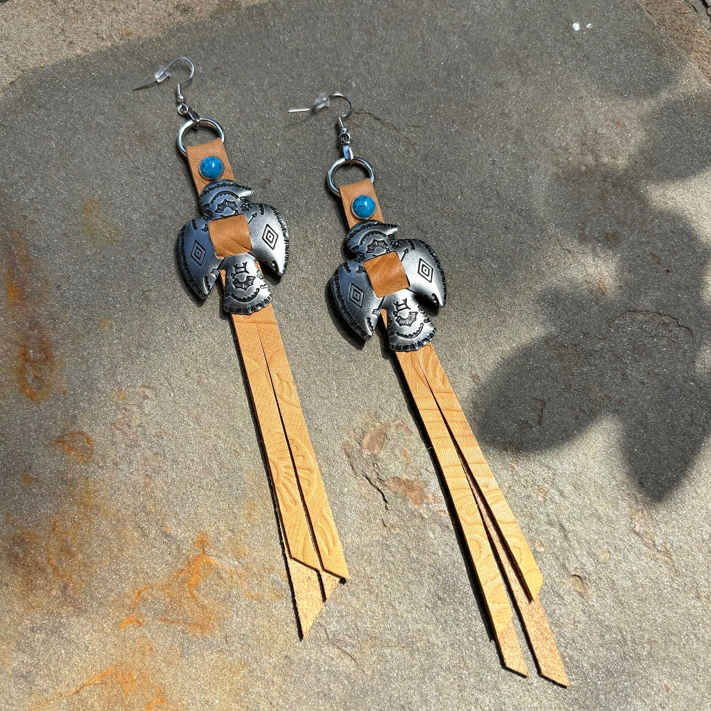 Tan Thunderbird Earrings with Turquoise