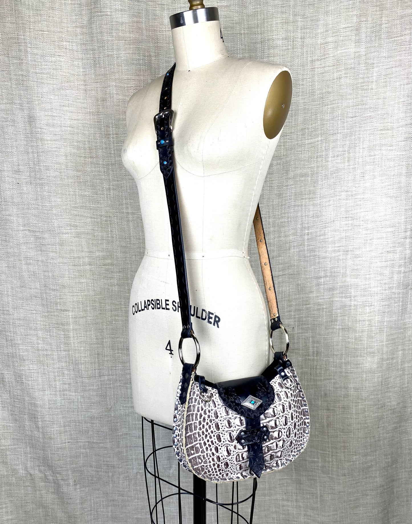 Croc Print Crossbody with Stamped Accents & Turquoise
