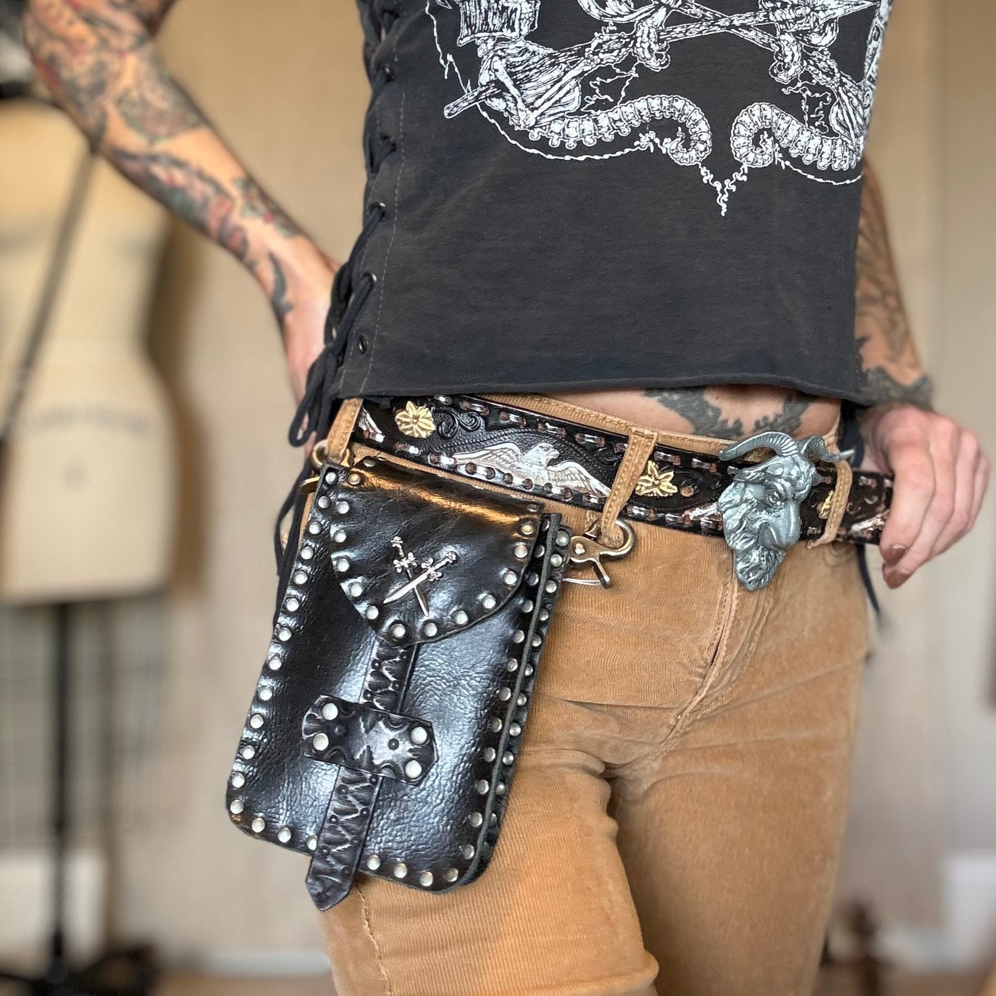 Black Leather Crossbody/Waist Bag with Crossed Swords