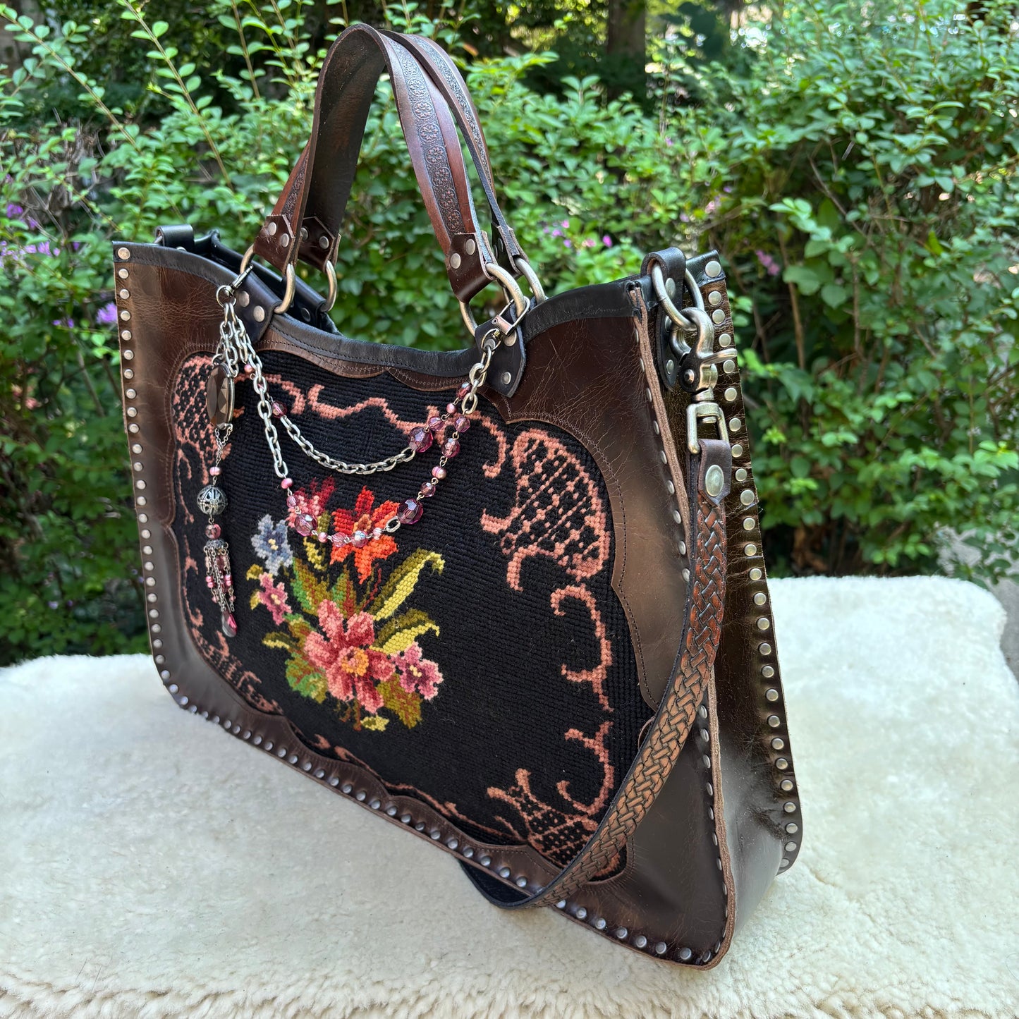 Floral Needlepoint Sable Leather Heirloom Bag