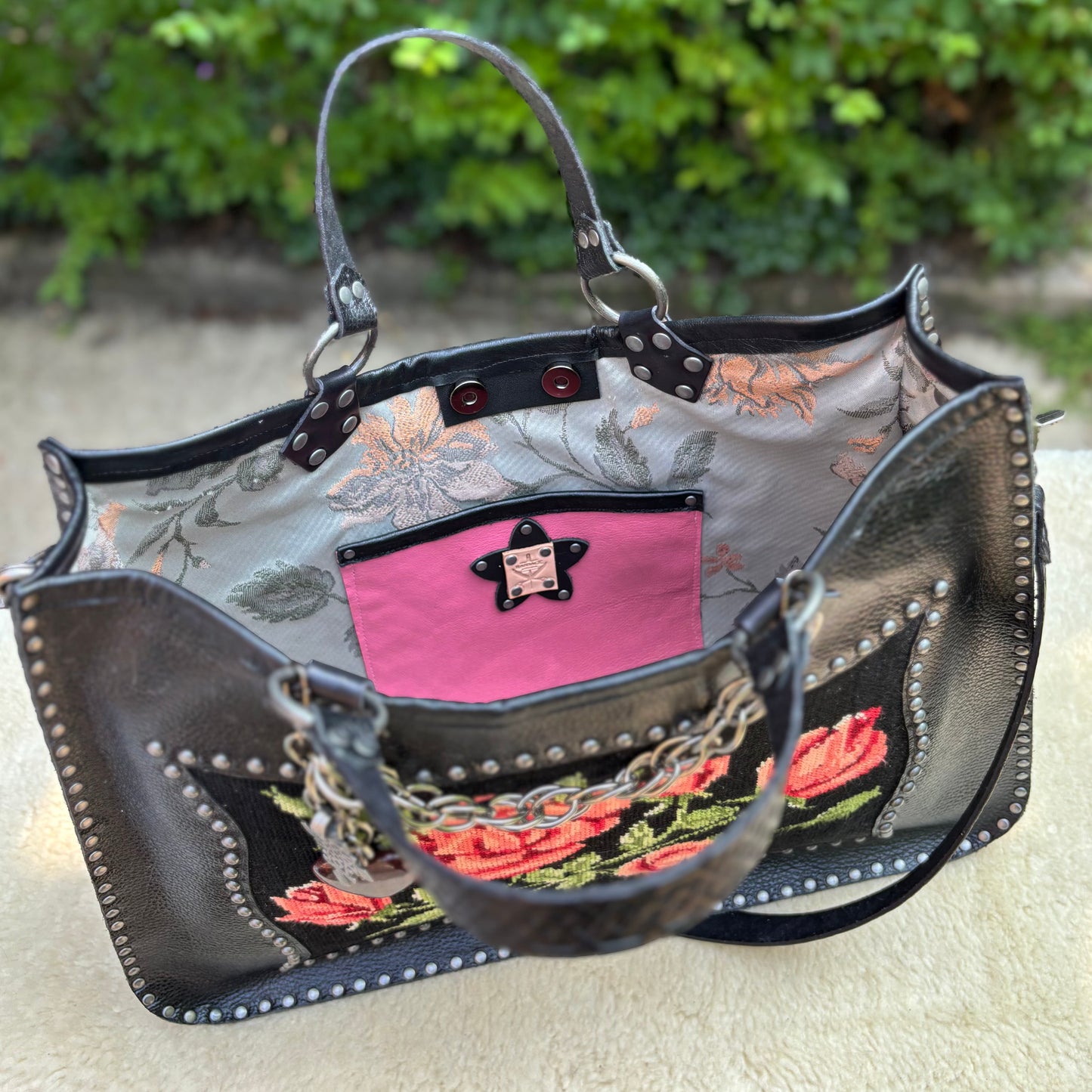 Needlepoint Rose Heirloom Bag in Black