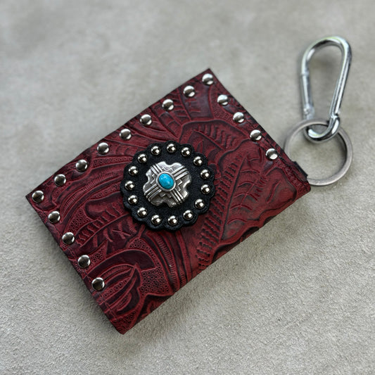 Deep Red Embossed Leather Wallet with Turquoise Concho