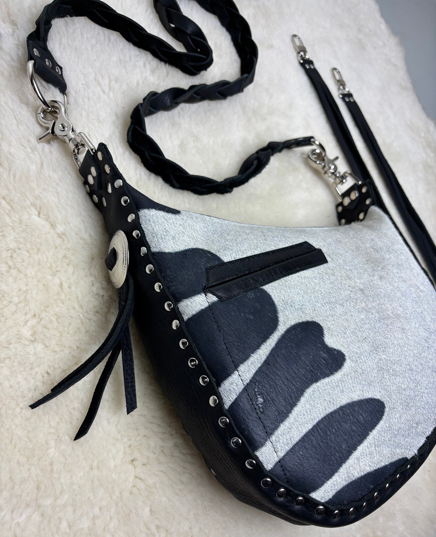 Zebra Crescent Bag with Conchos