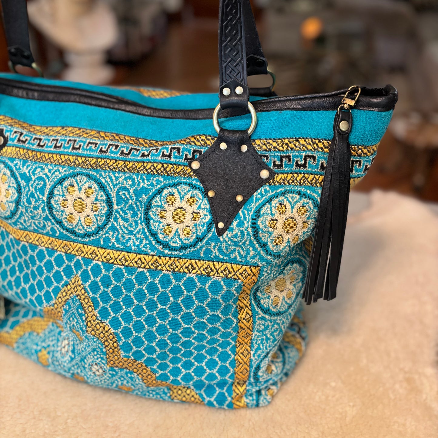 Turquoise Reclaimed Prayer Rug Bag