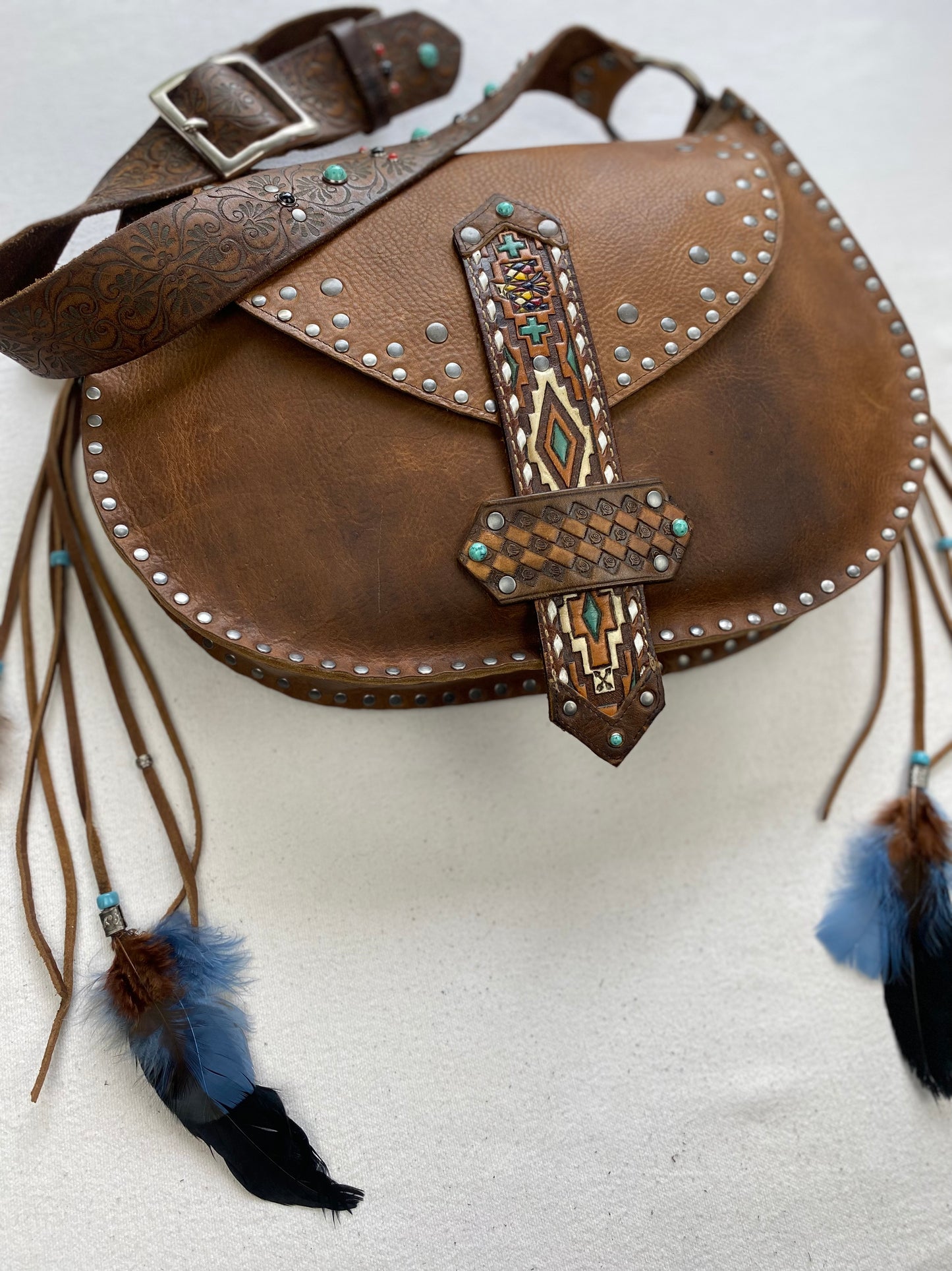 Rustic Saddle Brown Shoulder Bag with Removable Feather Tassels