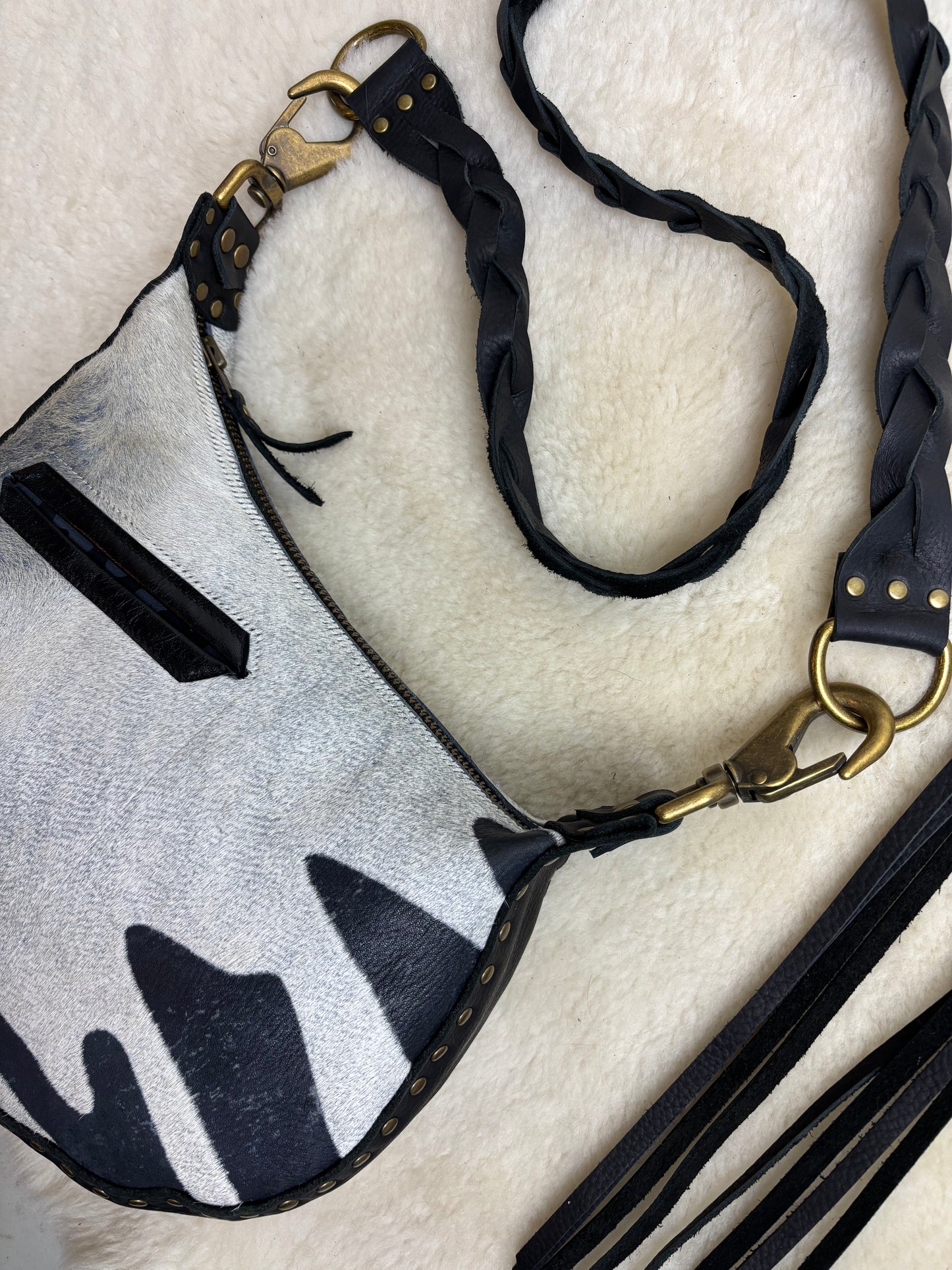 Zebra Crescent Bag with Brass