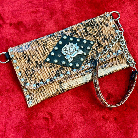 Snakeskin Metal Rose Clutch