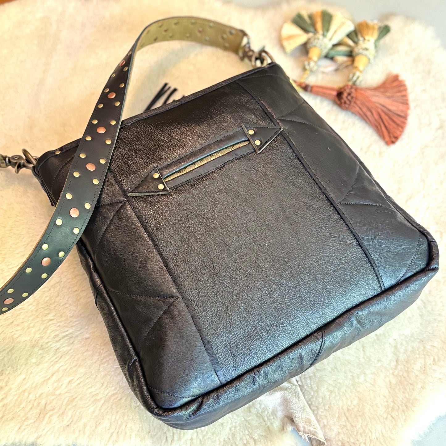Vintage Velvet and Leather Bag with Sacred Heart