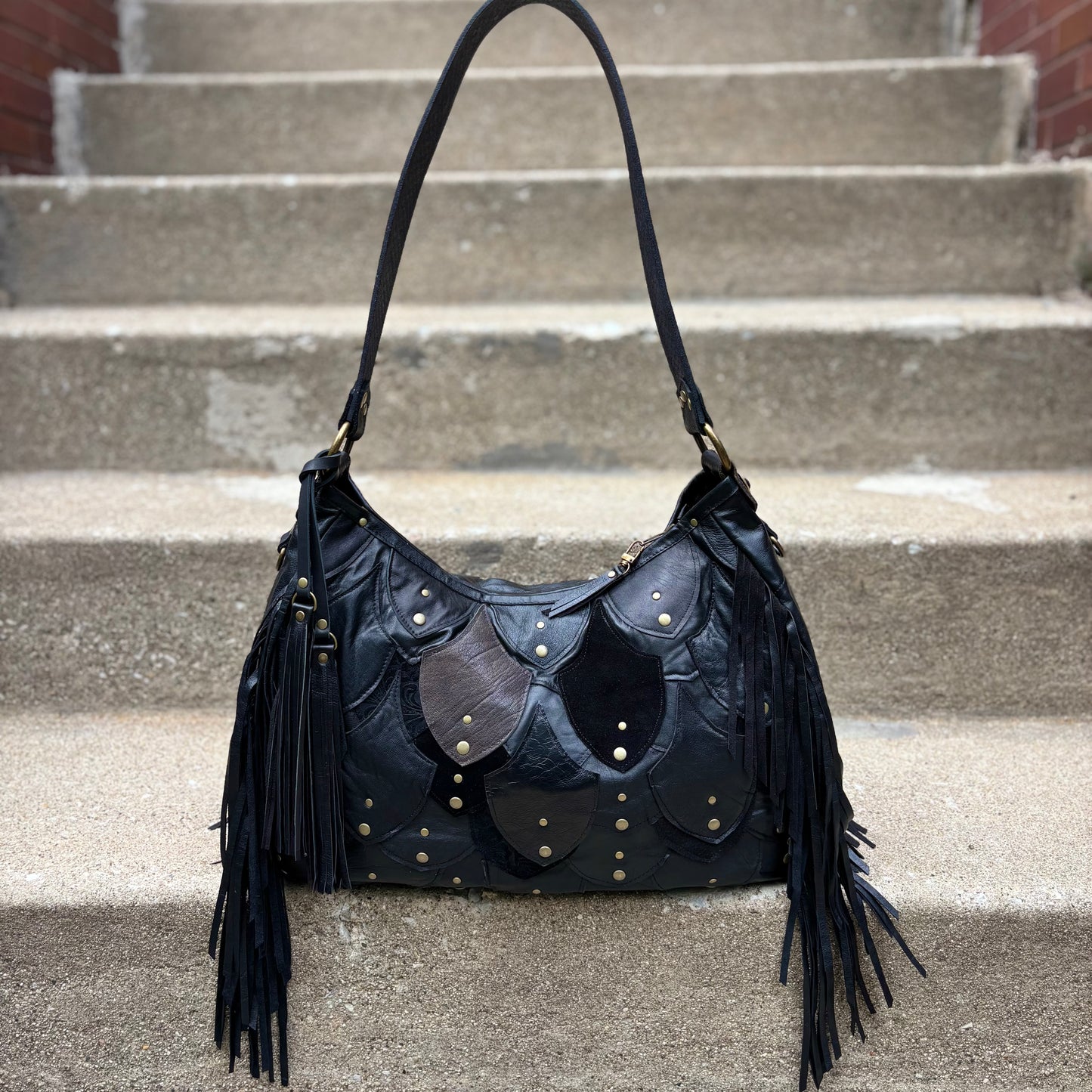 Reclaimed Leather Fishscale Ziptop Bag