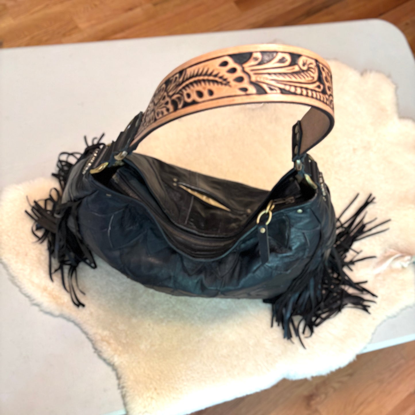 Fish Scale Reclaimed Leather Fringed Bag