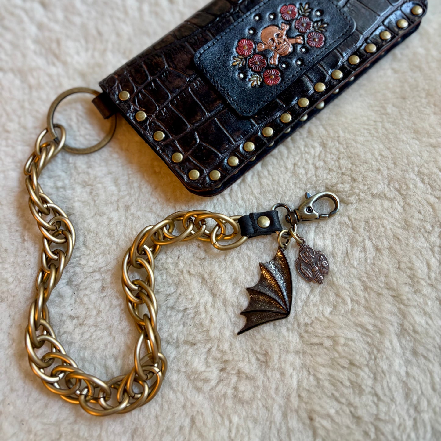 Antiqued Brass Toned Wallet Chain with Bat Wing