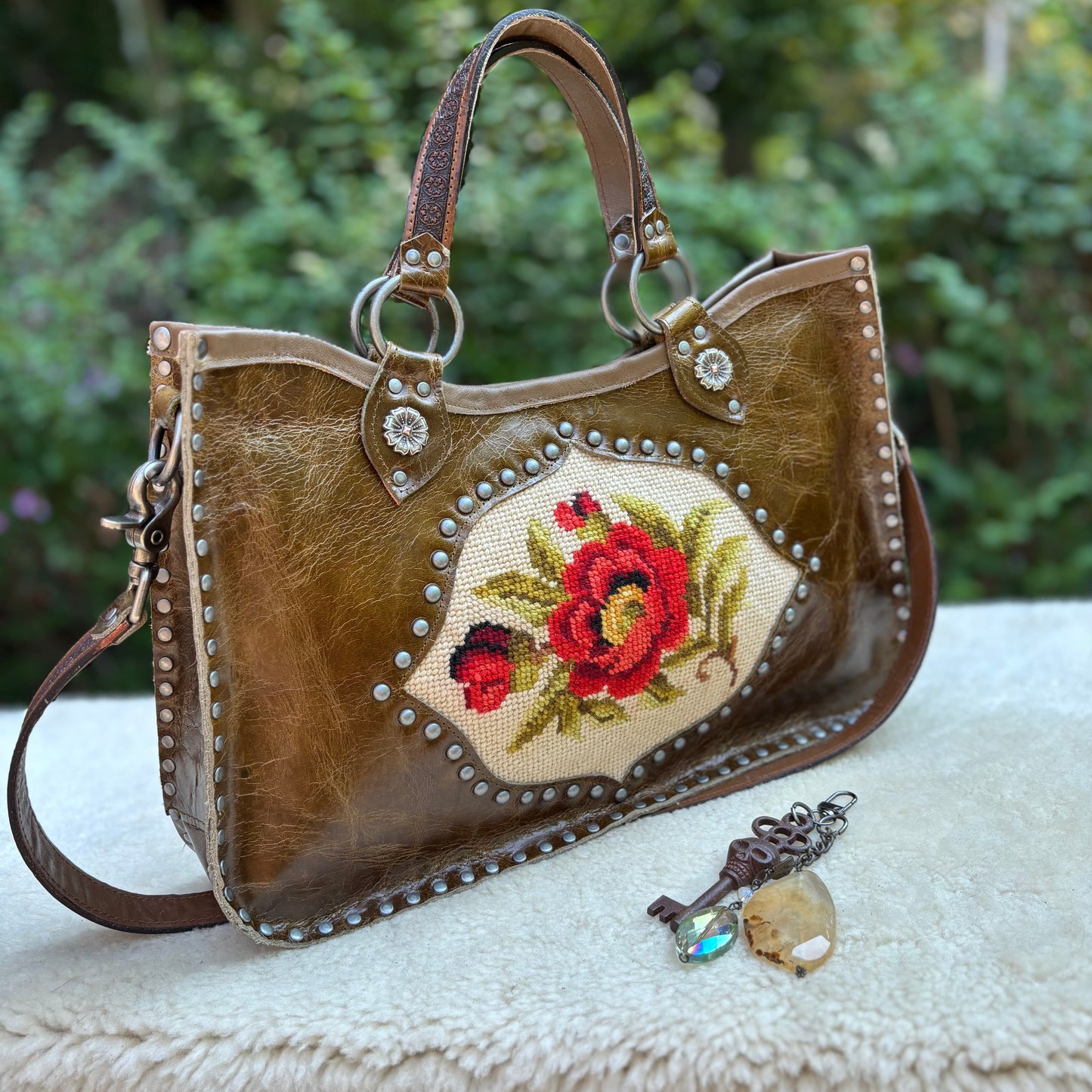 Needlepoint Poppy Heirloom Bag in Dark Olive