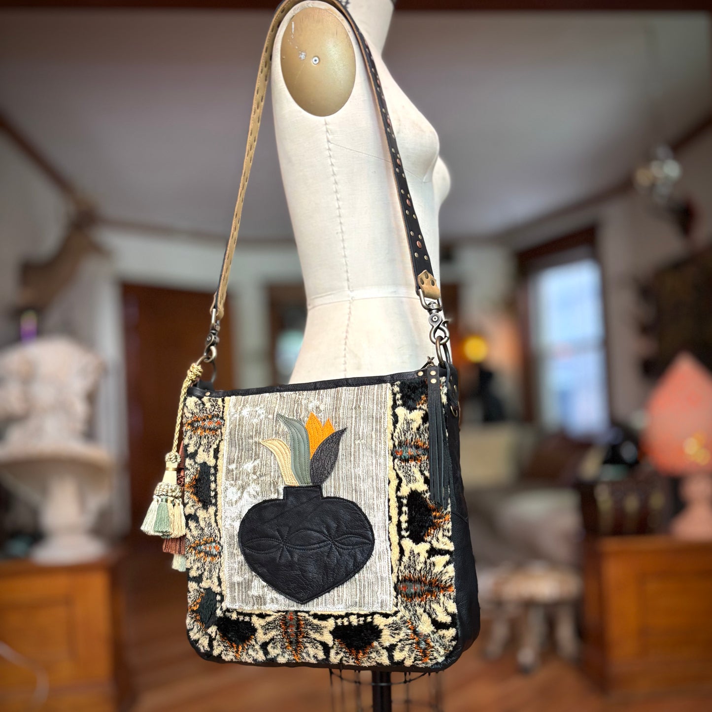 Vintage Velvet and Leather Bag with Sacred Heart