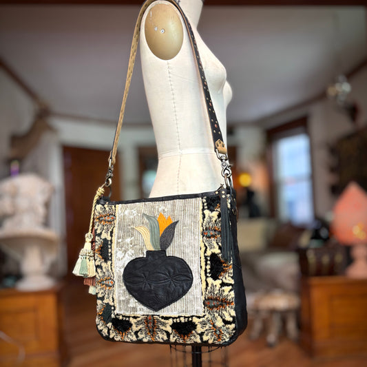 Vintage Velvet and Leather Bag with Sacred Heart