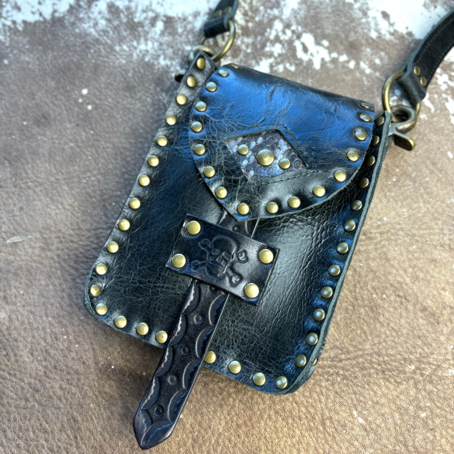 Black Leather Crossbody/Waist Bag with Snakeskin