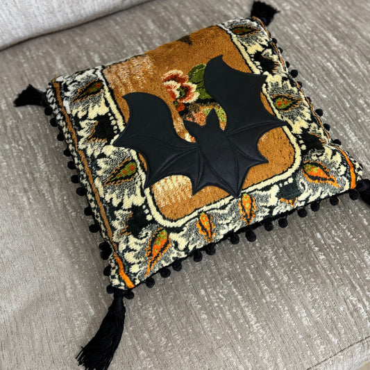 Vintage Velvet Tapestry Pillow with Leather Bat