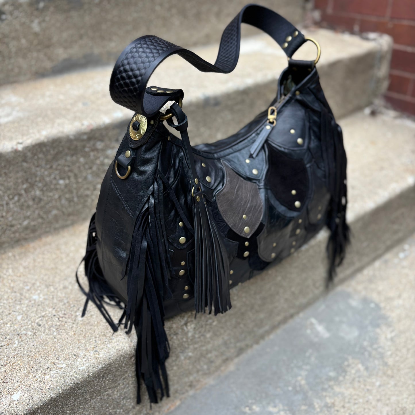 Reclaimed Leather Fishscale Ziptop Bag