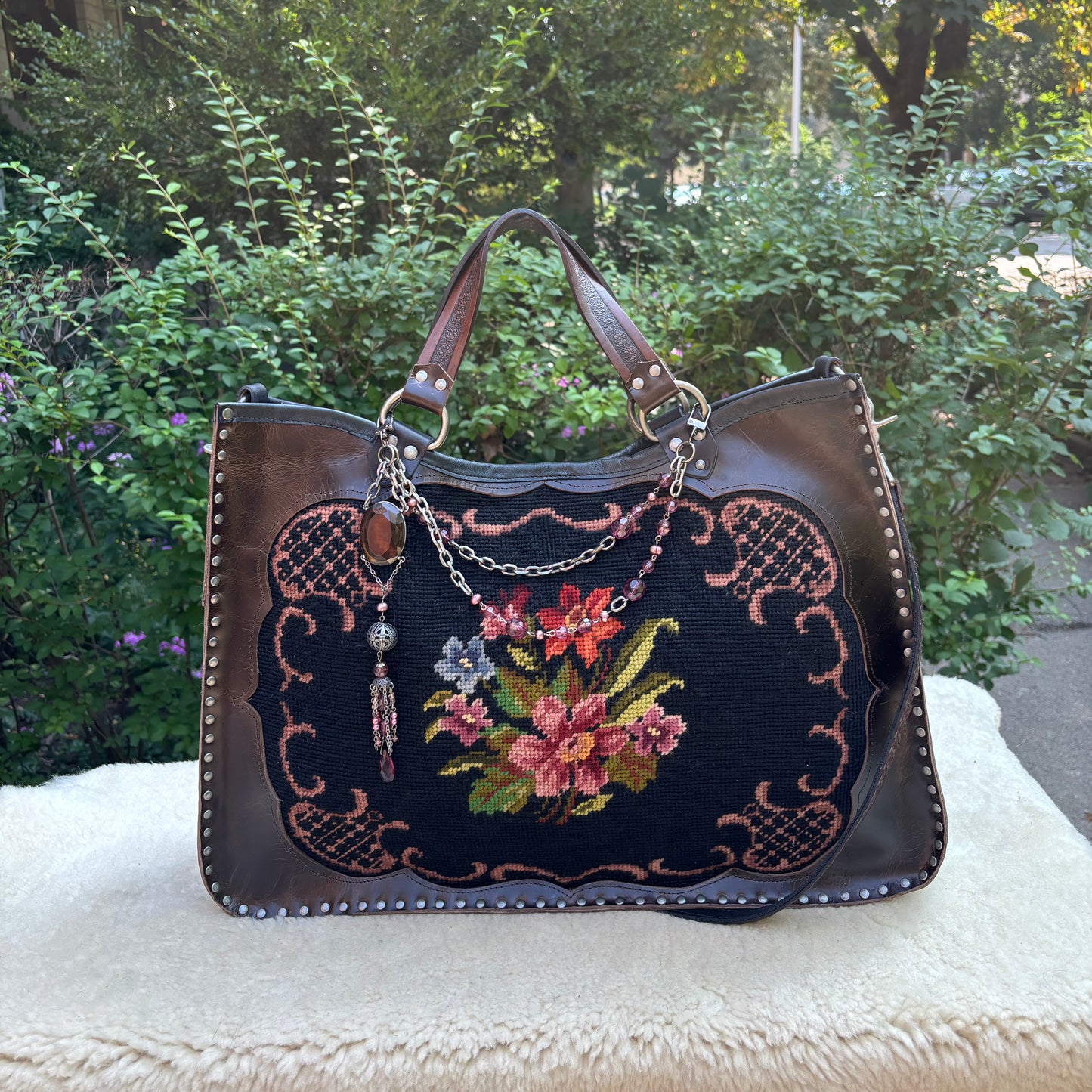 Floral Needlepoint Sable Leather Heirloom Bag