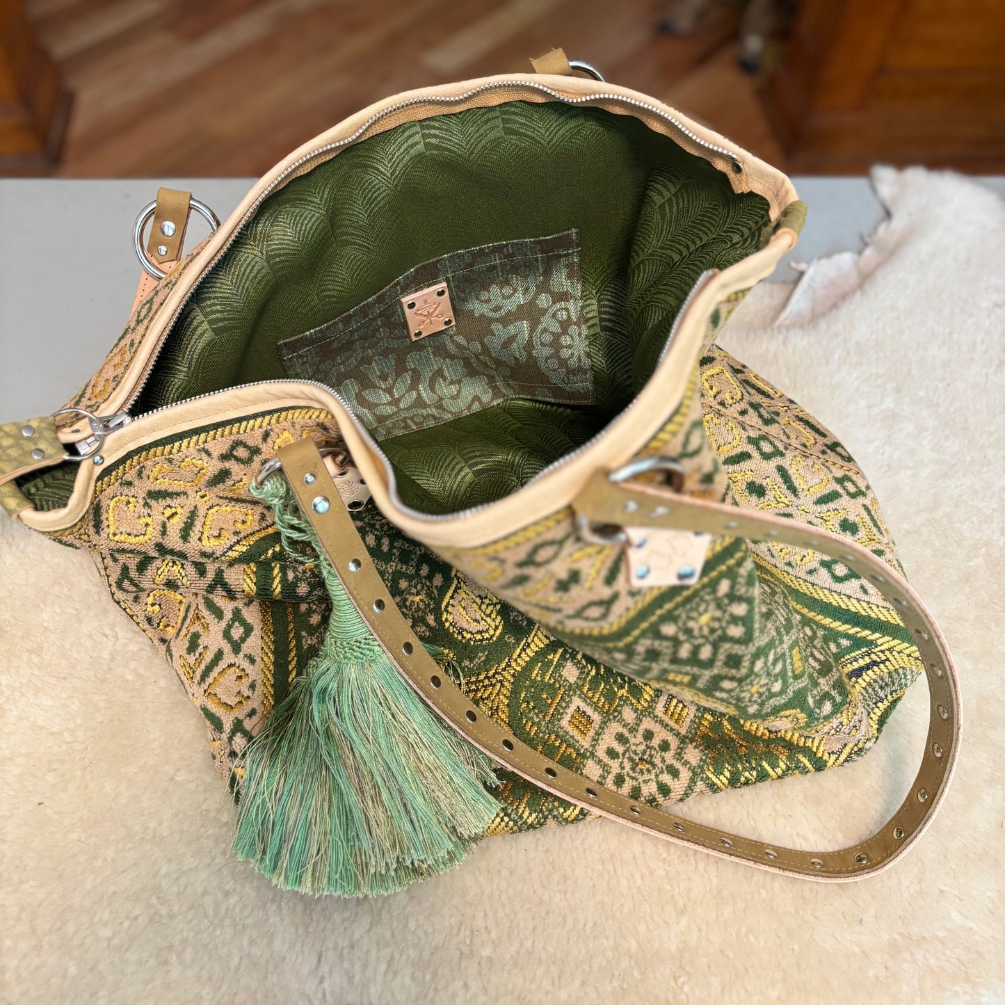 Green and Gold Vintage Prayer Rug Bag