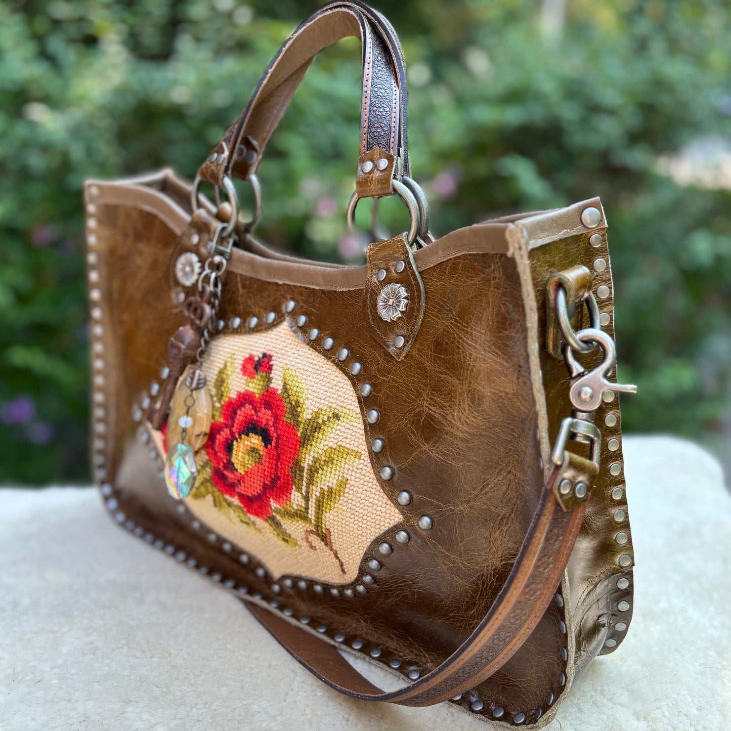Needlepoint Poppy Heirloom Bag in Dark Olive