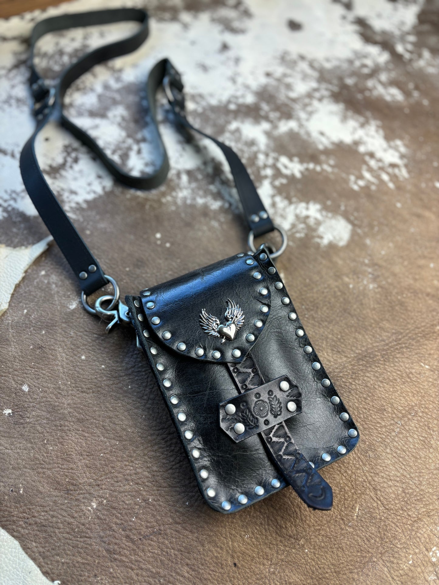 Black Leather Crossbody/Waistbag with Winged Heart