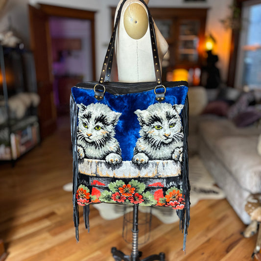 XL Grey Cat Vintage Tapestry Bag