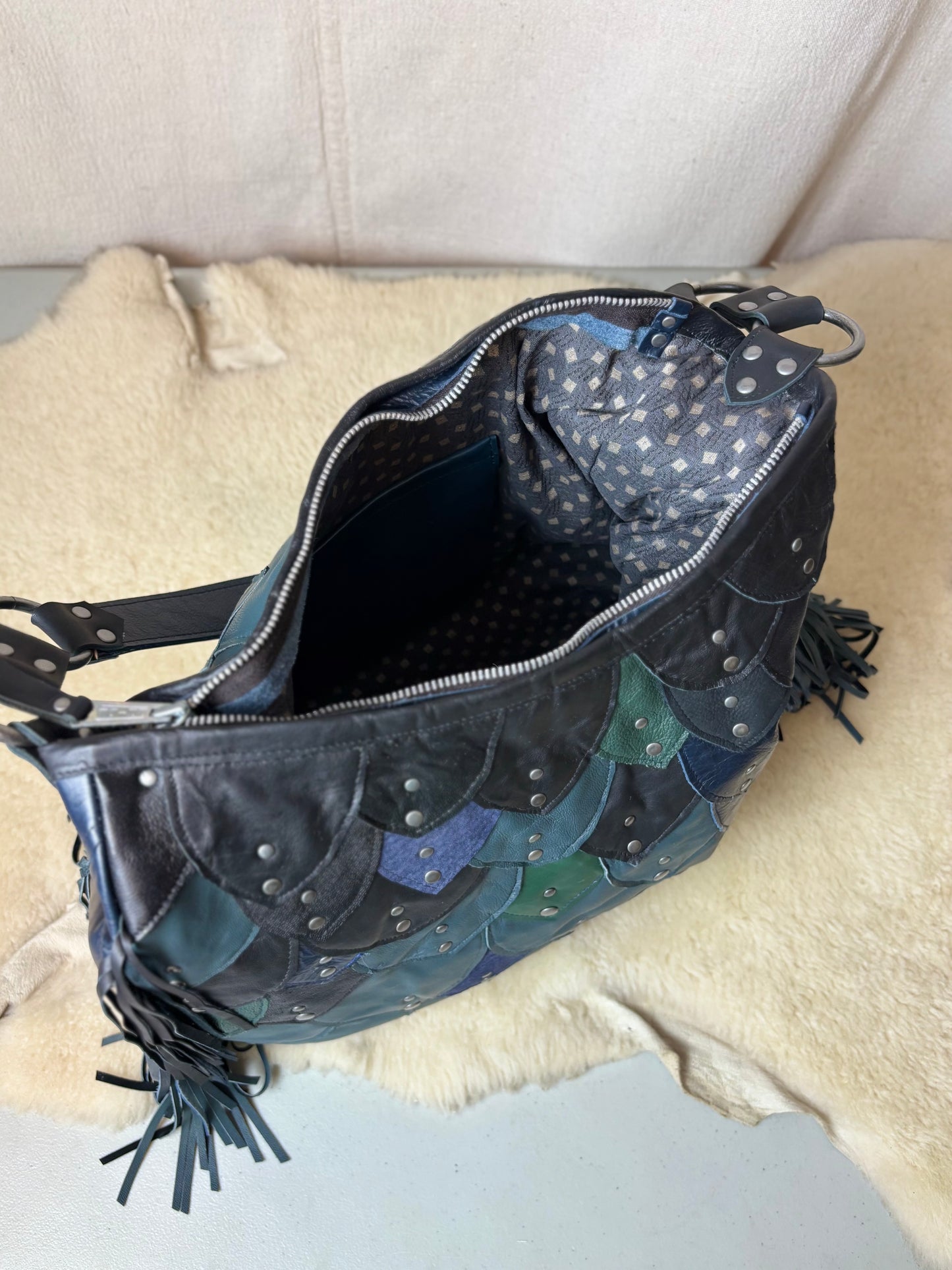 Steel Blue Reclaimed Leather Fish Scale Bag