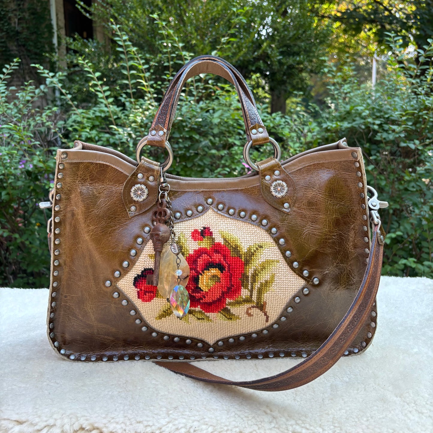 Needlepoint Poppy Heirloom Bag in Dark Olive