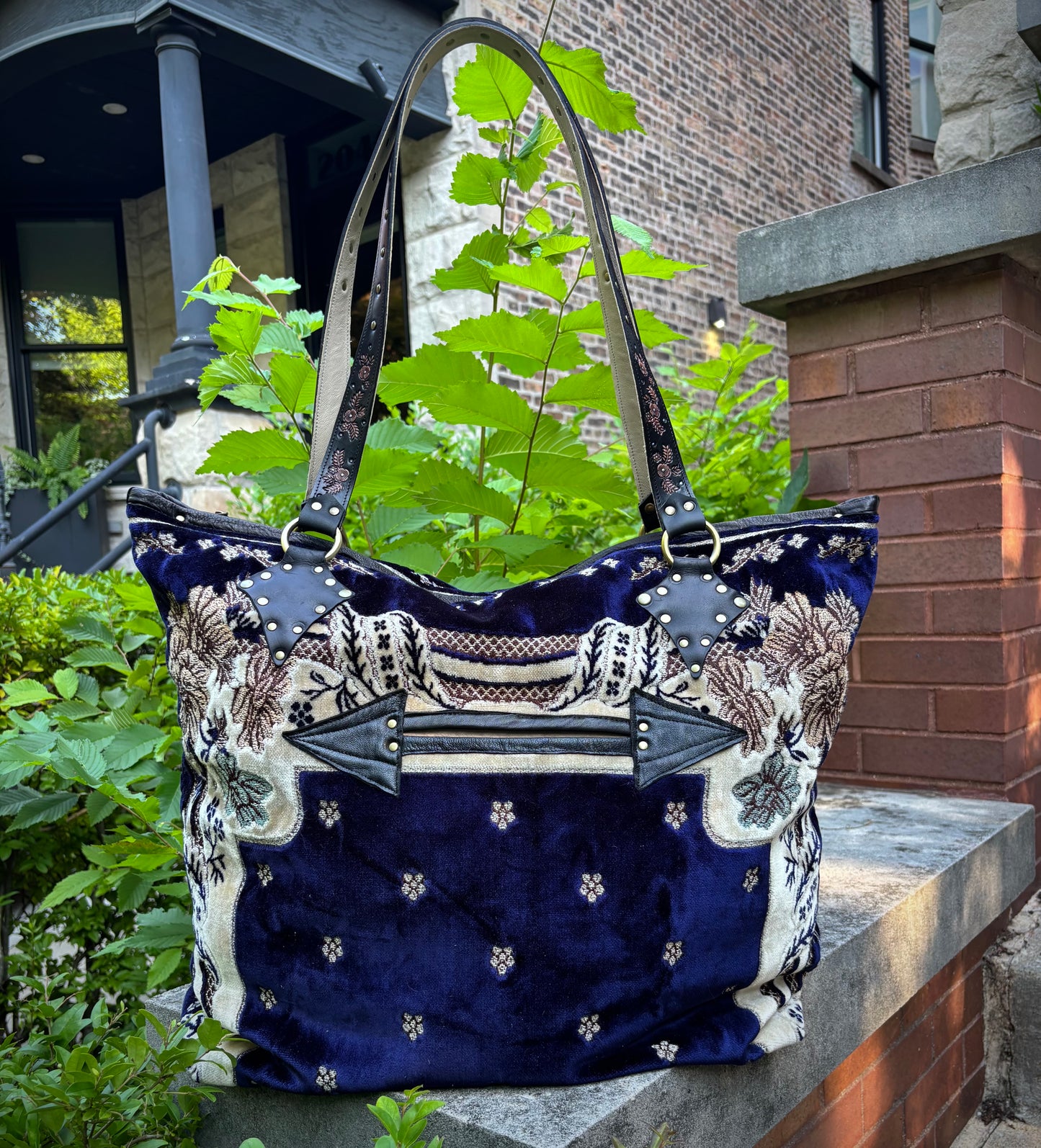 Navy Floral Velvet Prayer Mat Ziptop Bag