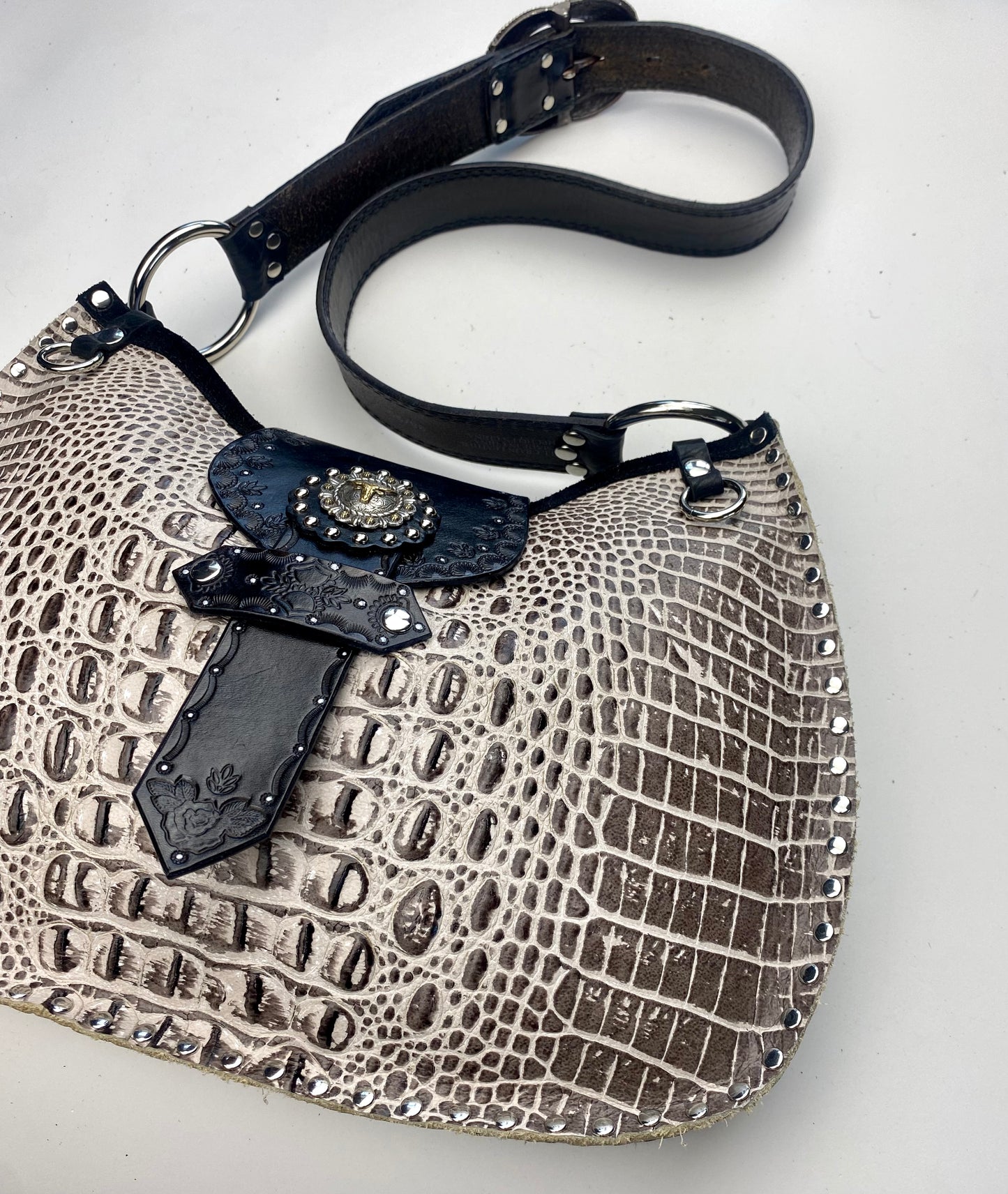 Taupe Croc Print Shoulder Bag with Western Concho