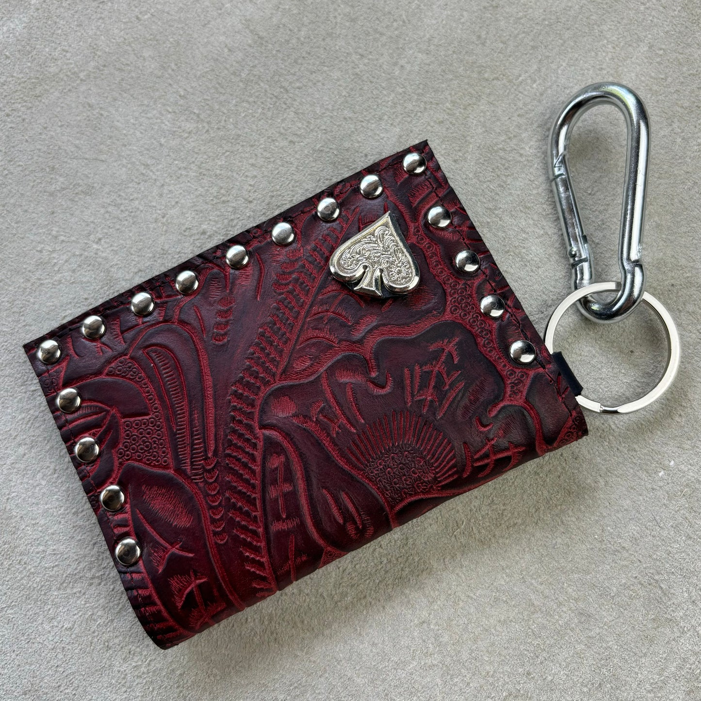 Deep Red Embossed Leather Wallet with Spade