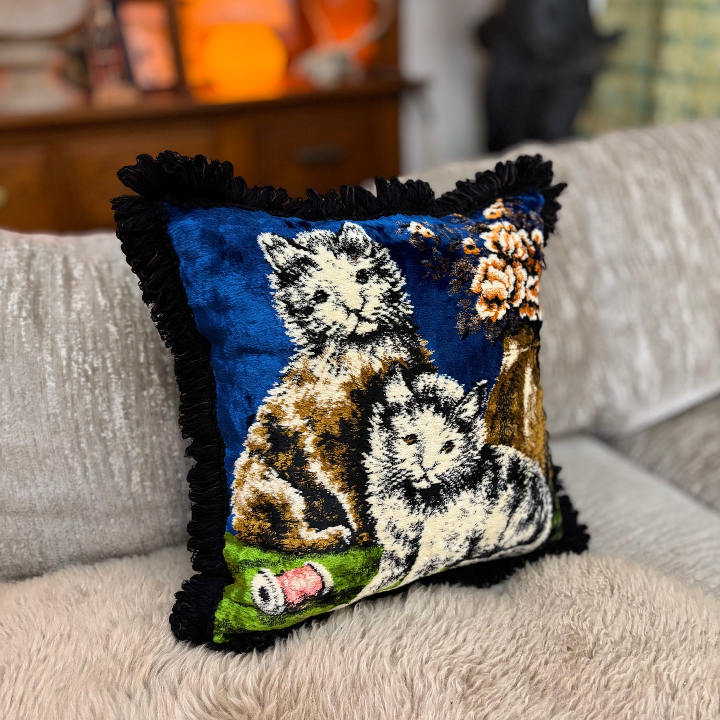 Vintage Velvet Blue Kitten Pillow
