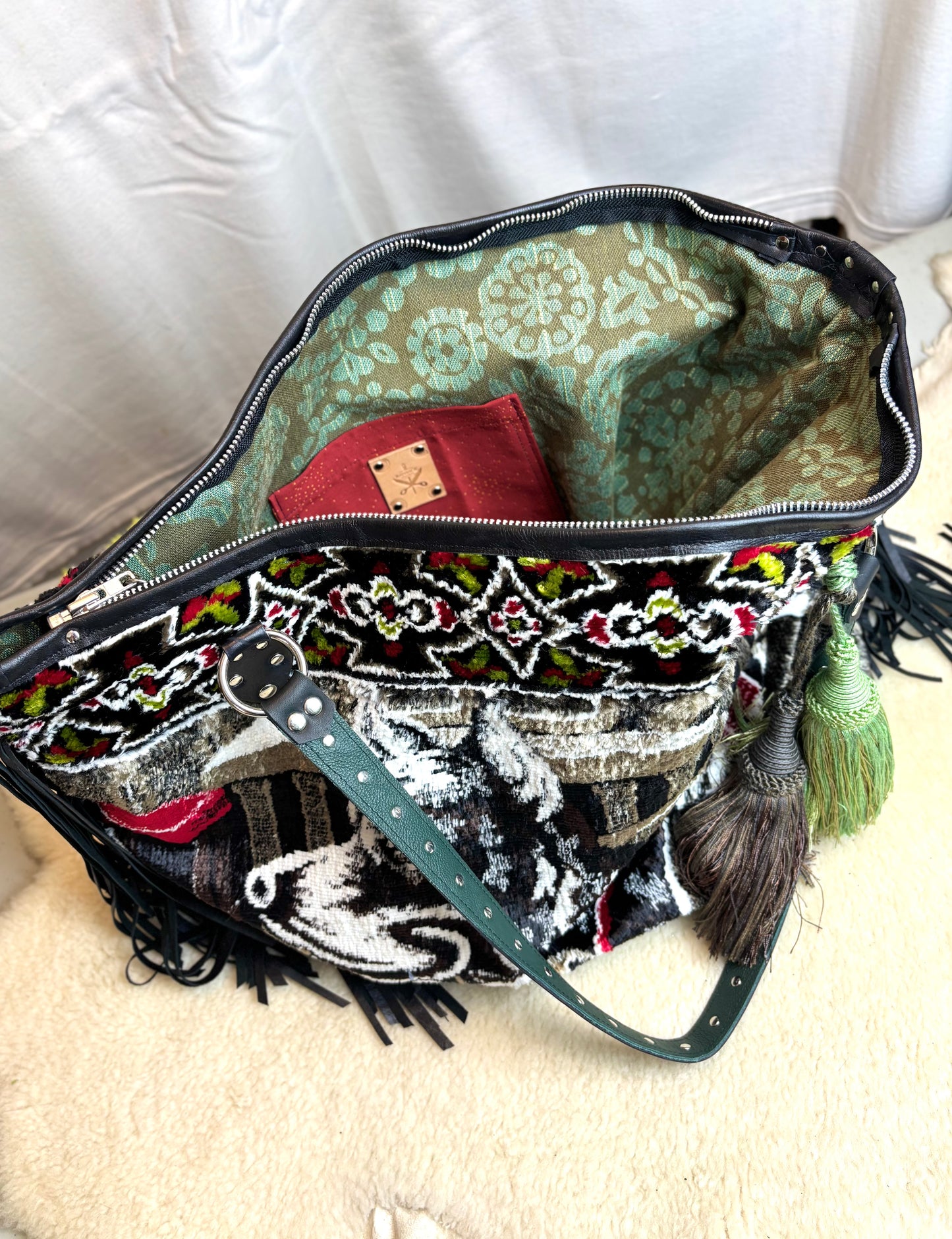 Gambling Dogs Velvet Ziptop Bag with Fringe
