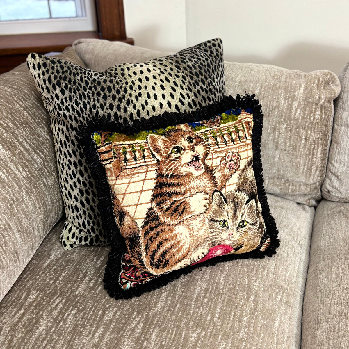 Playing Kittens Vintage Velvet Pillow