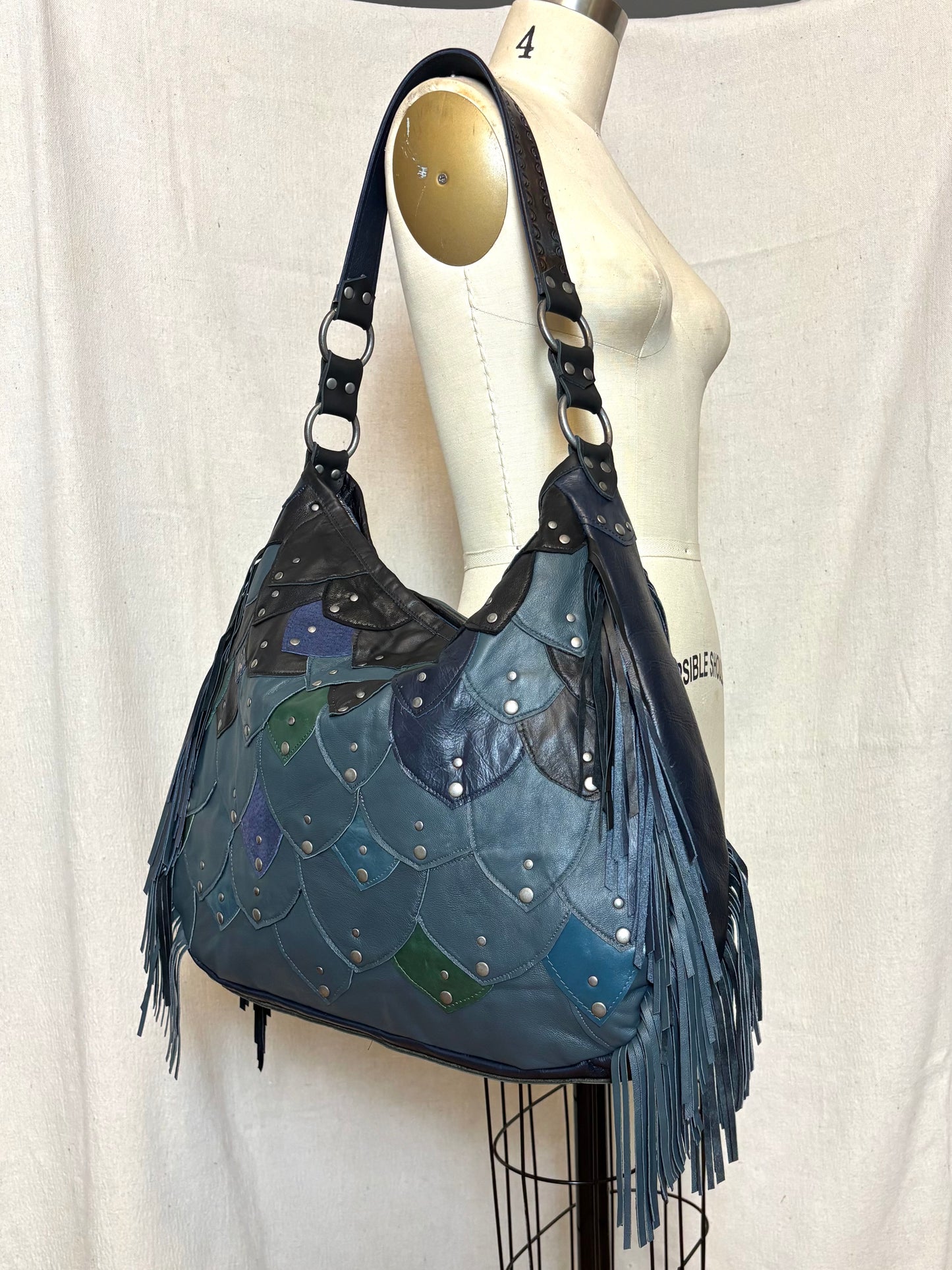 Steel Blue Reclaimed Leather Fish Scale Bag