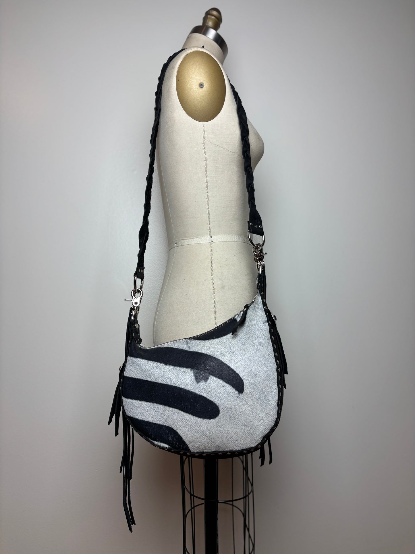 Zebra Crescent Bag with Conchos