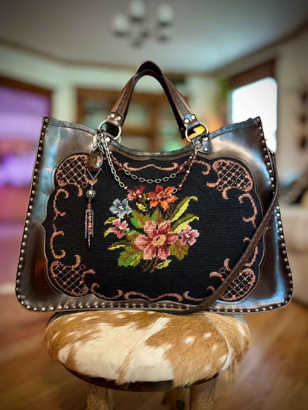 Floral Needlepoint Sable Leather Heirloom Bag
