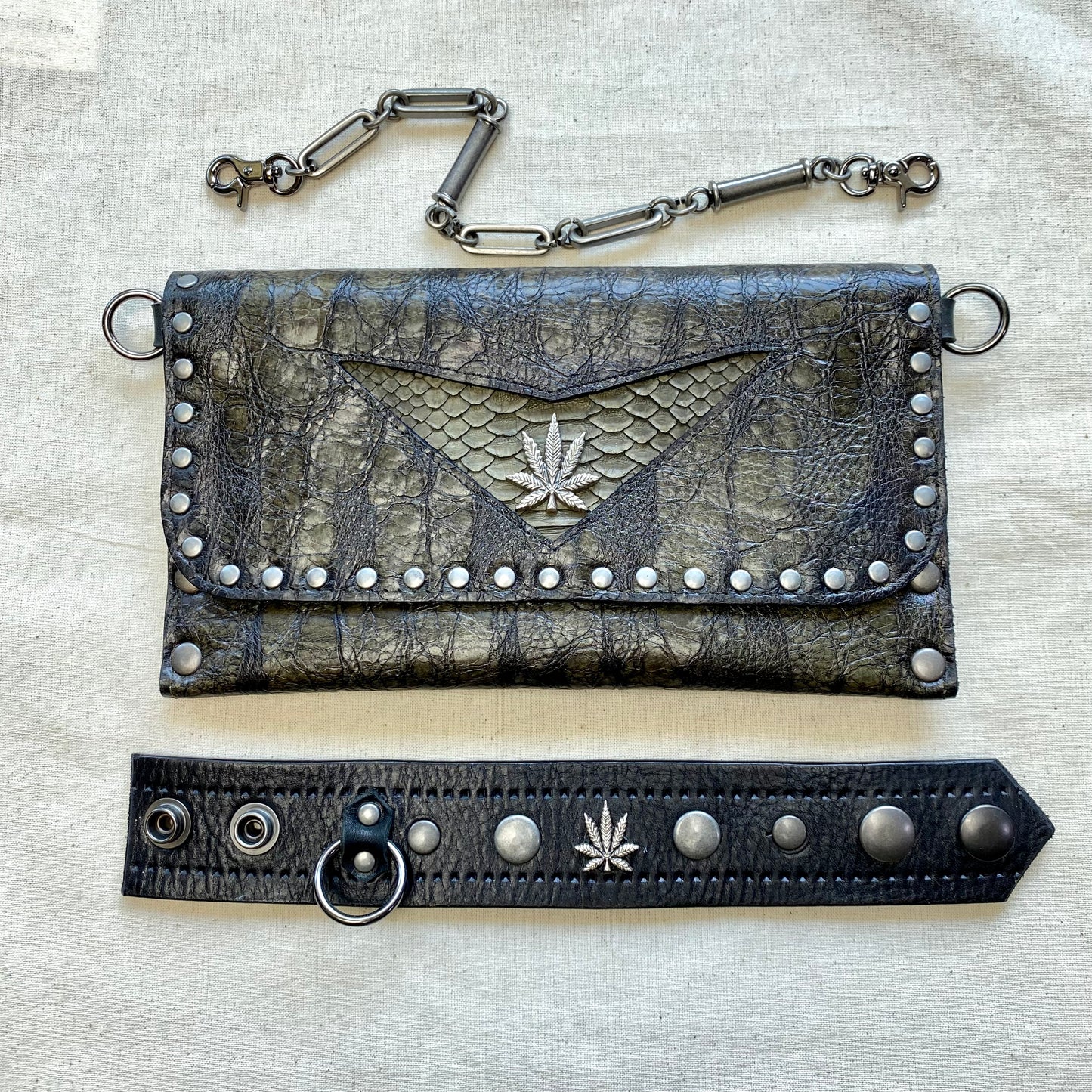 Olive Mossy Texture Weed Leaf Clutch & Cuff