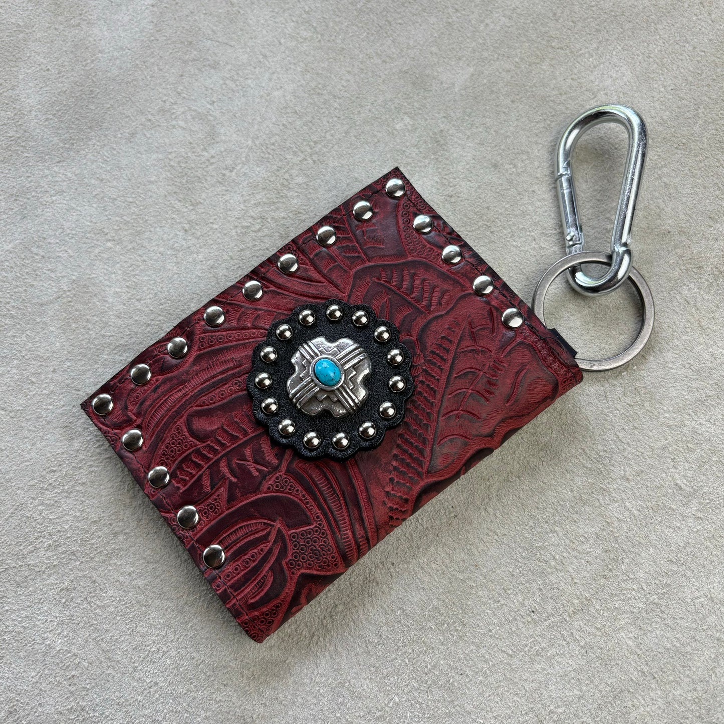 Deep Red Embossed Leather Wallet with Turquoise Concho